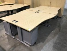 Beech effect 4-person Desk Cluster, comprising 4 wave desks 1800mm x 1000mm, 4 steel 3-drawer mobile