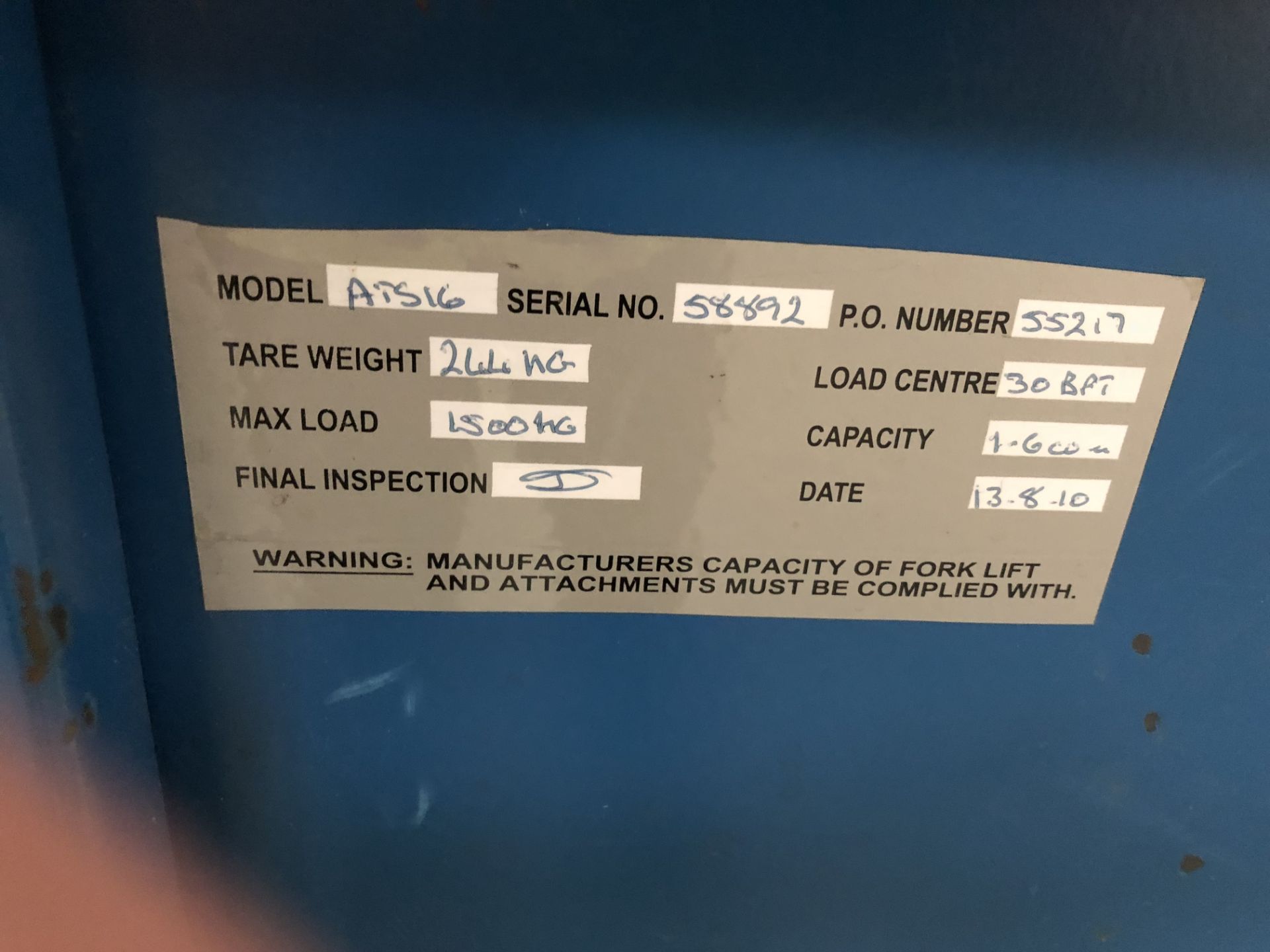 Empteezy ATS16 forklift truck Tipping Skip, 1500kg capacity, serial number 58892 (located in Bay 3) - Image 3 of 3