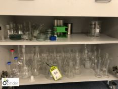 Quantity glass Flasks, Test Tubes, to double door cabinet (located in Room E)