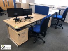 2 beech effect Desks, 1600mm x 800mm, with upholstered side privacy screen and 2 mobile 3-drawer