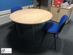 Beech effect circular Meeting Table, 1200mm diameter, with 2 upholstered meeting chairs (located