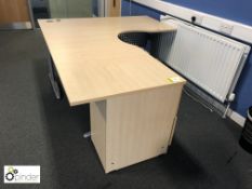 Beech effect shaped Workstation, 1600mm x 1600mm, with full height 3-drawer pedestal (located in