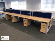 Oak effect 8-station Desk Cluster, comprising 8 desks 1400mm x 800mm, shared leg components, 4