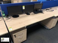 2 beech effect Desks, 1600mm x 800mm, with upholstered privacy screen and 2 mobile 3-drawer