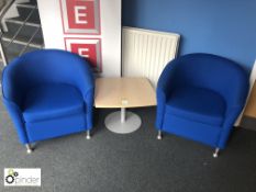 2 upholstered Tub Chairs, blue and beech effect Coffee Table (located in Reception, ground floor)