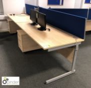 2 beech effect Desks, 1600mm x 800mm, with 2 upholstered privacy screens and 2 mobile 3-drawer