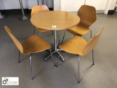 Beech effect circular Refectory Table, 800mm diameter, with 3 beech effect tubular framed chairs (