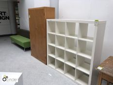 Wooden double door Cabinet, 16-compartment Bookcase and upholstered Seating Unit (located in Open