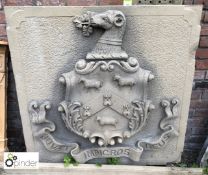 Carved York Stone Huddersfield Coat of Arms “Juvat Impigros Deus”, 1270mm x 1240mm