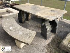 Stone Table, 2100mm x 870mm, on carved stone legs, with stone curved bench and stone straight bench
