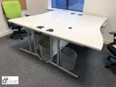 2 shaped Desks, 1600mm x 1000mm, white with 1 3-drawer pedestal (located in Suite 18, second