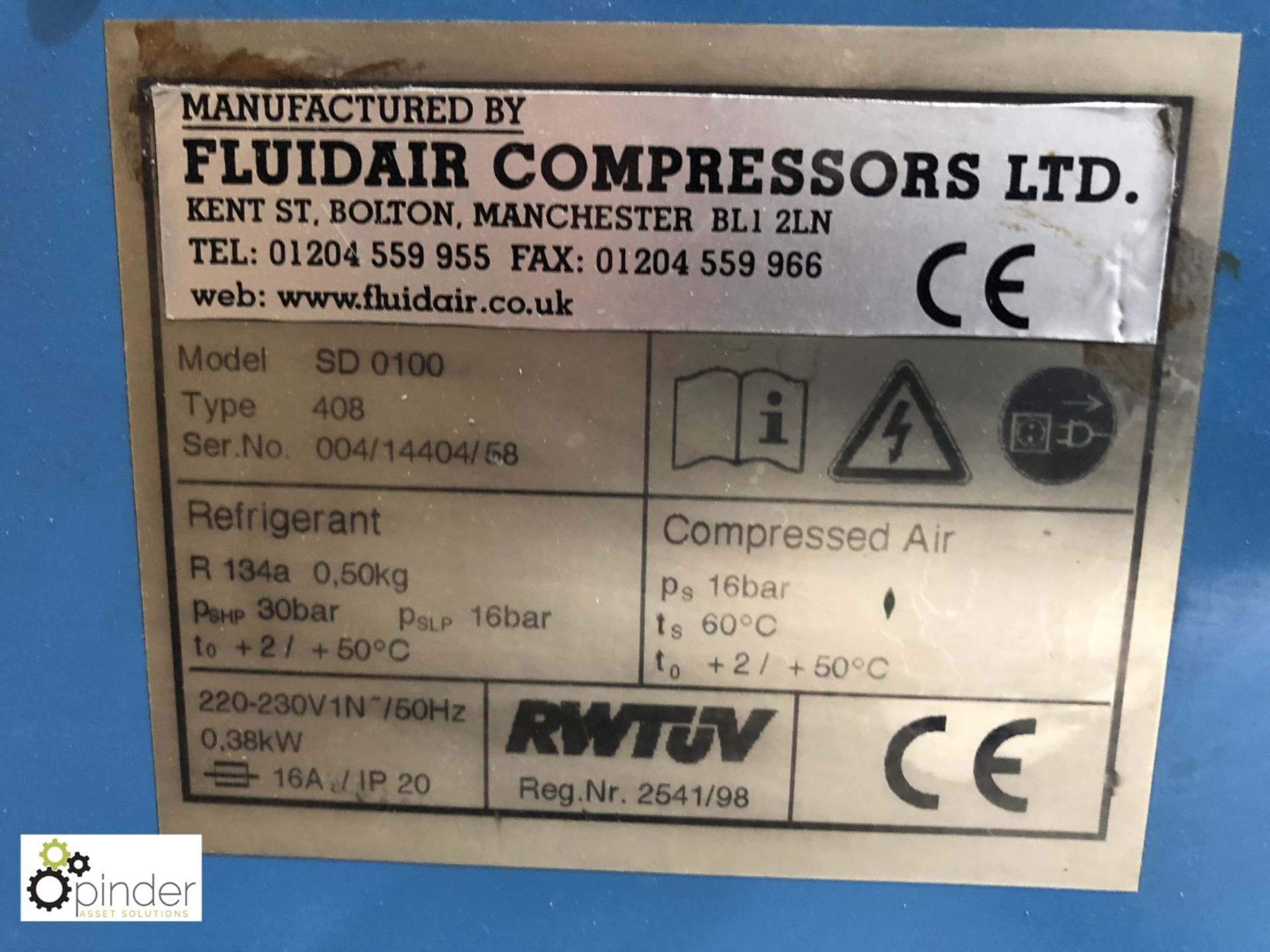 Fluidair SD0100 Type 408 Refrigerant Dryer, serial number 004/14404/58, with Sterling oil water - Image 4 of 4