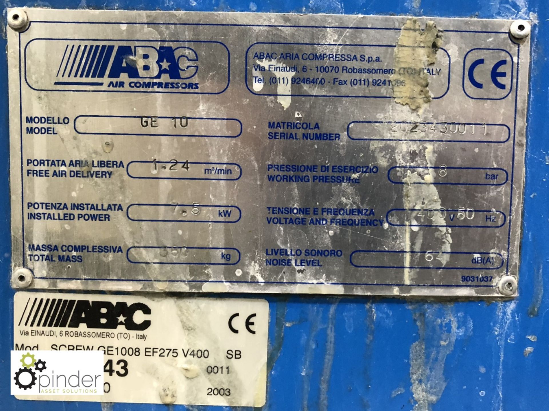 Abac GE10 receiver mounted Packaged Air Compressor, 8bar, 7.5kw, serial number 2023430011, year - Image 3 of 4