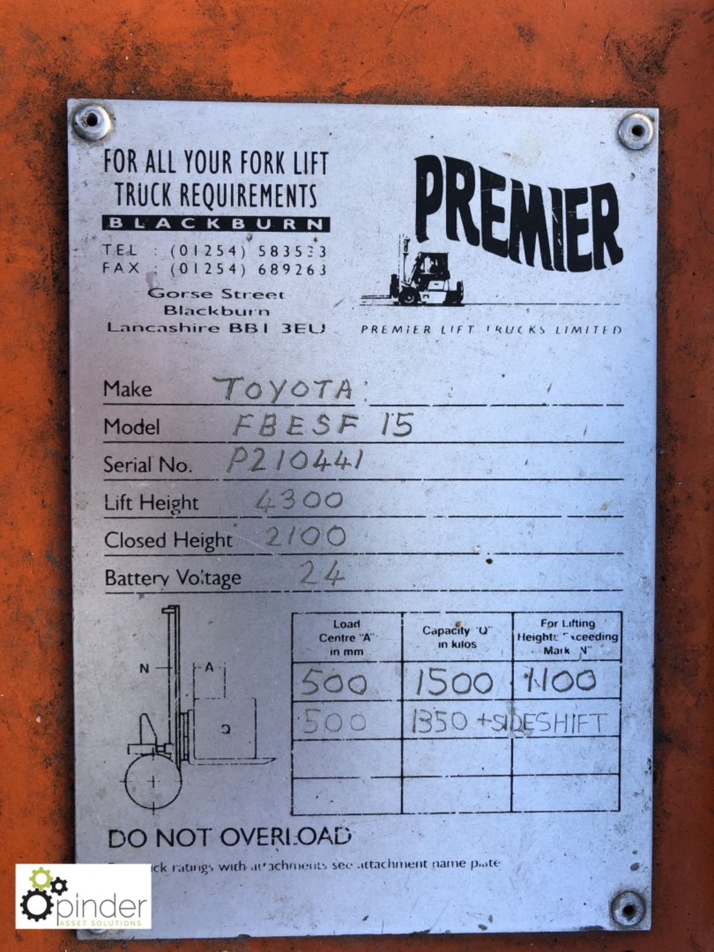 Toyota FBESF 15 3-wheel Electric Forklift Truck, 1500kg capacity, 14706hours, triplex clear view - Image 8 of 12