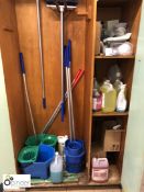 Quantity Mops, Buckets and Cleaning Fluids, to cupboard