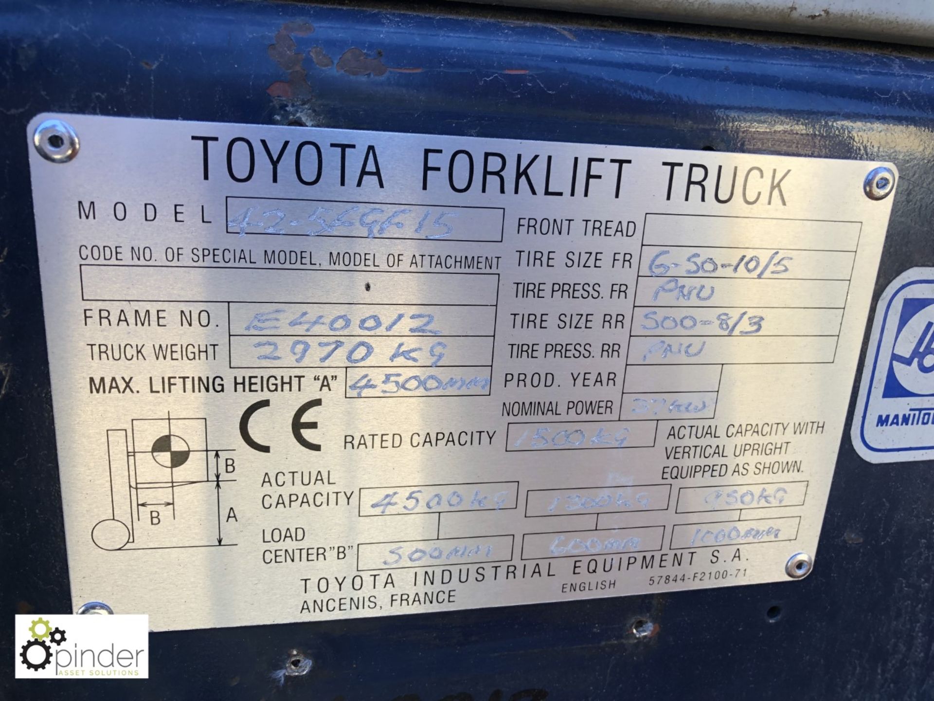 Toyota 42-5FGF15 LPG Forklift Truck, 1500kg, 11845hours, duplex mast, lift height 4500mm, closed - Image 9 of 14