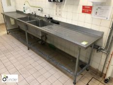 Stainless steel double bowl Sink, 3660mm x 600mm, with left hand and right hand drainers