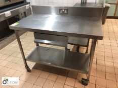 Stainless steel mobile Preparation Table, 1200mm x 650mm, with twin power socket, rear lip, shelf