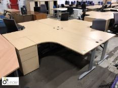 4-person oak effect Desk Cluster, comprising 4 curved desks 1600mm x 1200mm and 4 full height 3-