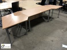 Beech effect 3-section mobile Desk System, 3350mm wide max x 930mm deep max