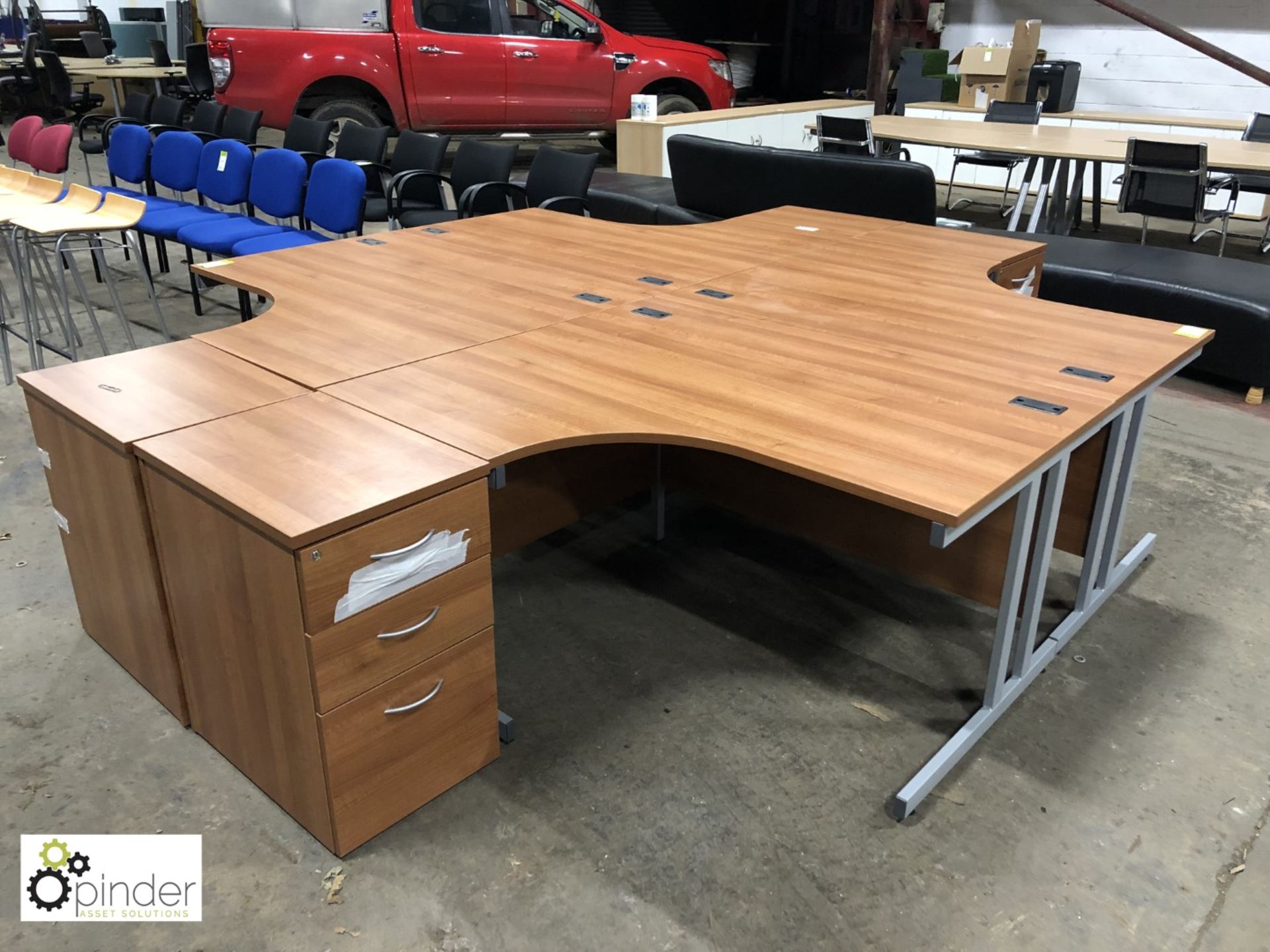 Mahogany effect 4-person Desk Cluster comprising 4 curved desks 1600mm x 1200mm and 4 desk high 3- - Image 2 of 2