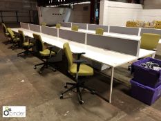 10-person modular Desk Cluster, white, 8000mm x 1600mm, with 5 privacy screens and 10 steel 3-drawer