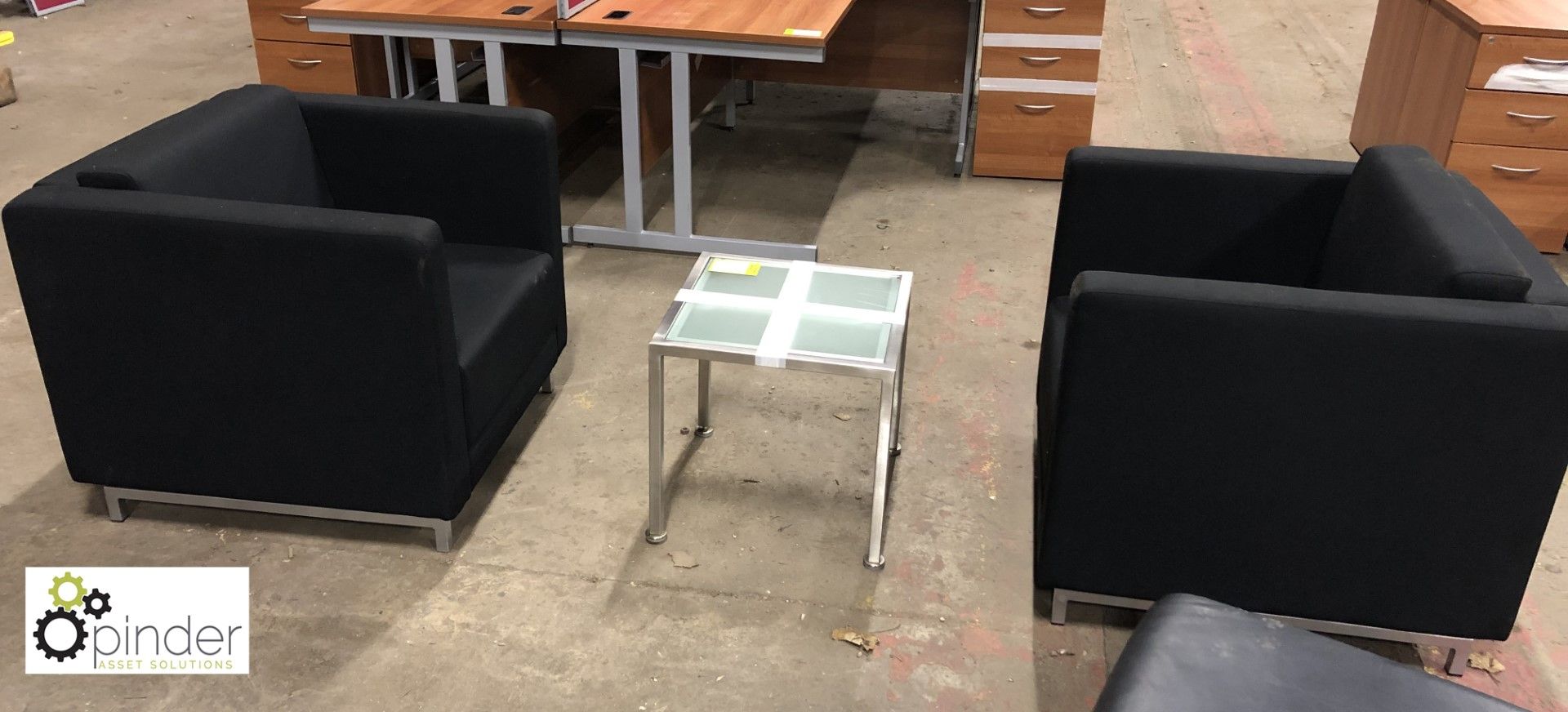 Pair upholstered Tub Chairs, black, with chrome and glass coffee table