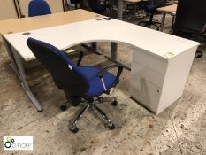 White corner Desk, 1600mm x 1600mm, with upholstered swivel armchair
