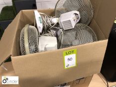 3 desk Fans and Fax Machine, to box