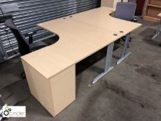 2 oak effect curved Desks, 1600mm x 1200mm, with 2 full height 3-drawer pedestals