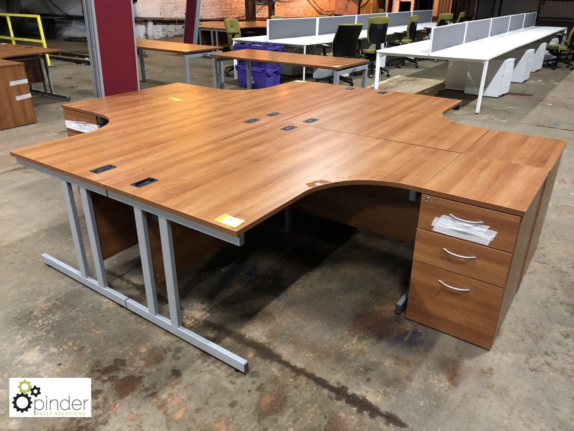 Mahogany effect 4-person Desk Cluster comprising 4 curved desks 1600mm x 1200mm, 4 desk high 3-