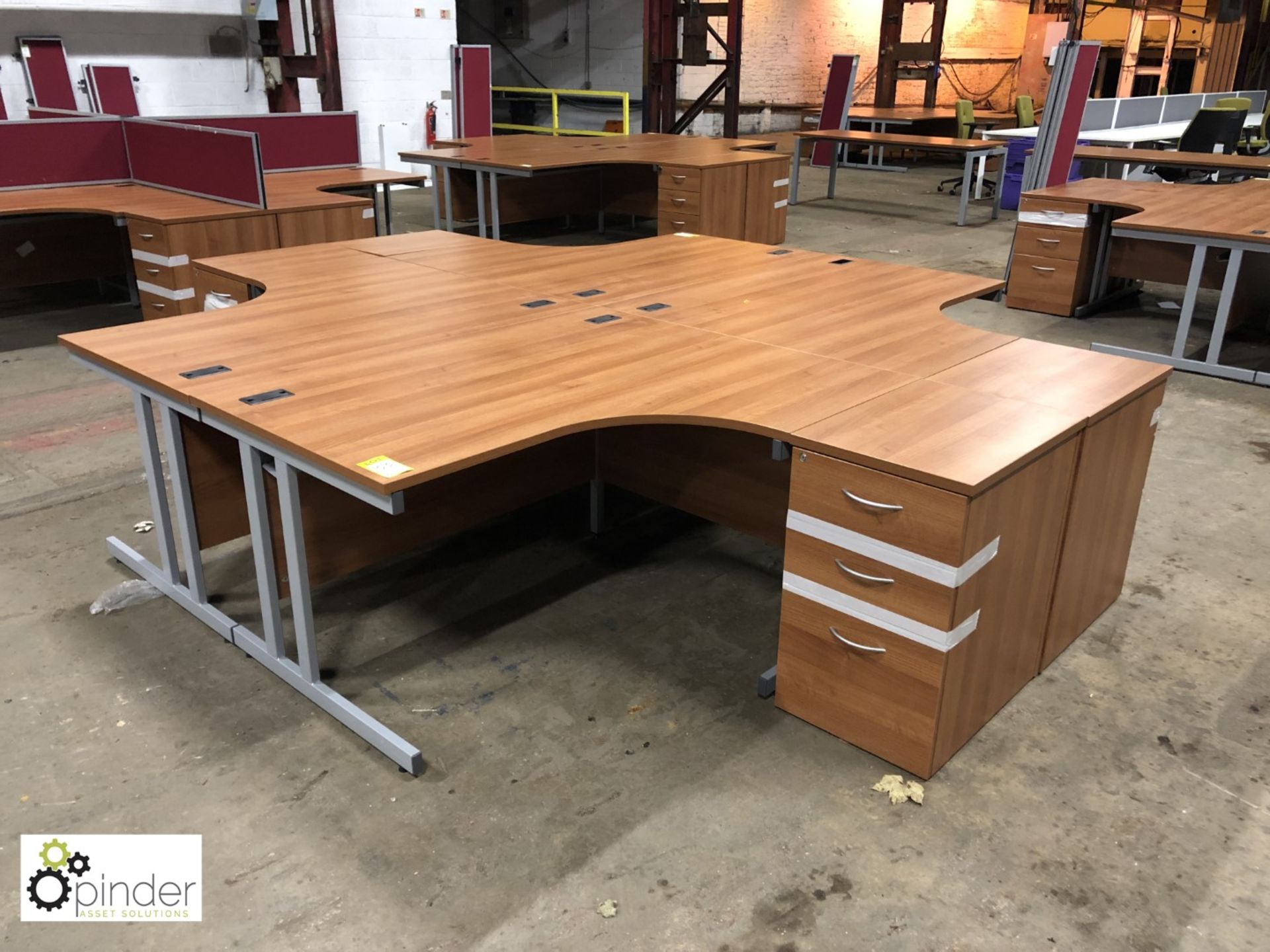 Mahogany effect 4-person Desk Cluster comprising 4 curved desks 1600mm x 1200mm and 4 desk high 3- - Image 2 of 2