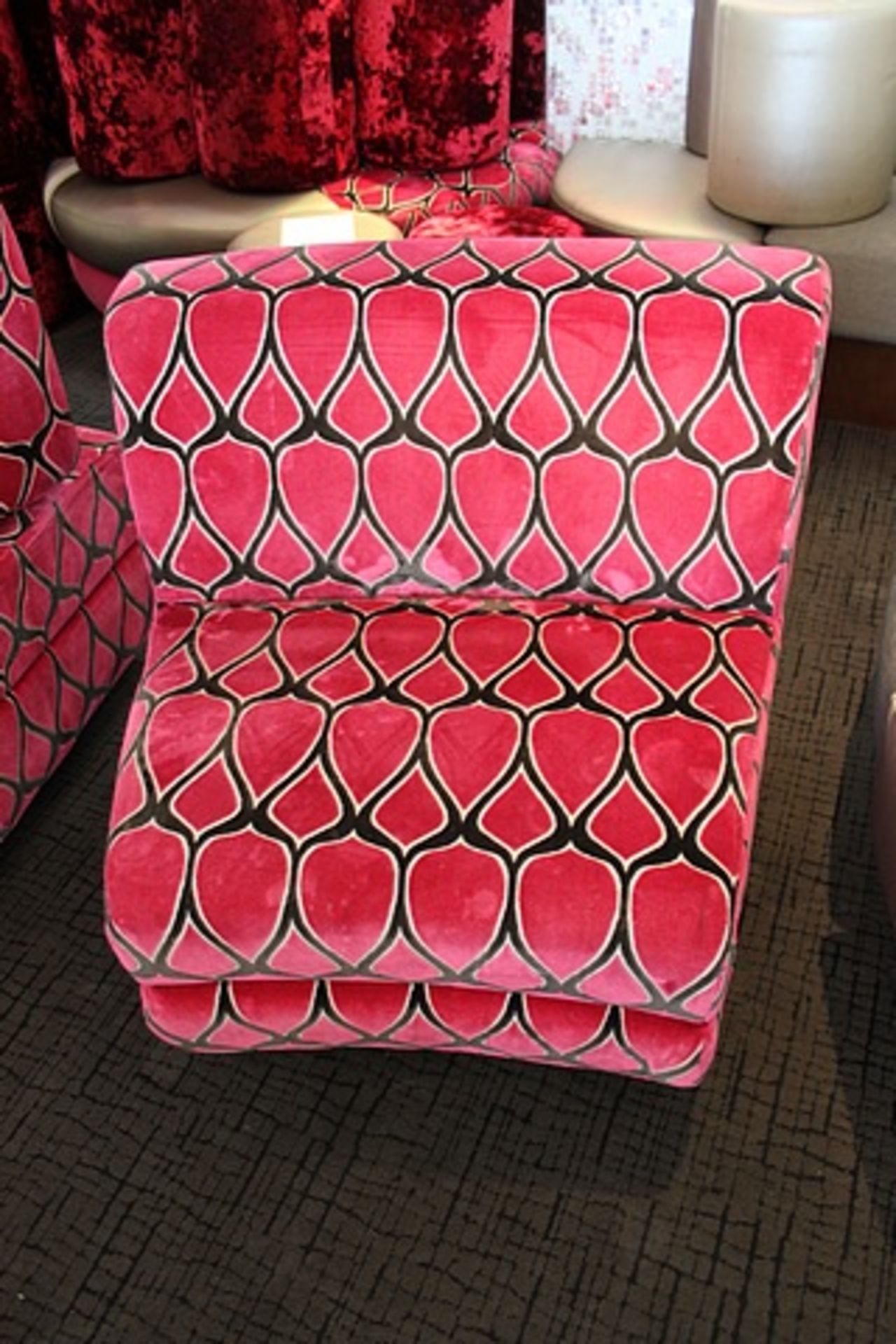 2 x Lounge seat sofa single seater upholstered in velvet pink and black 830mm x 750mm x 480mm