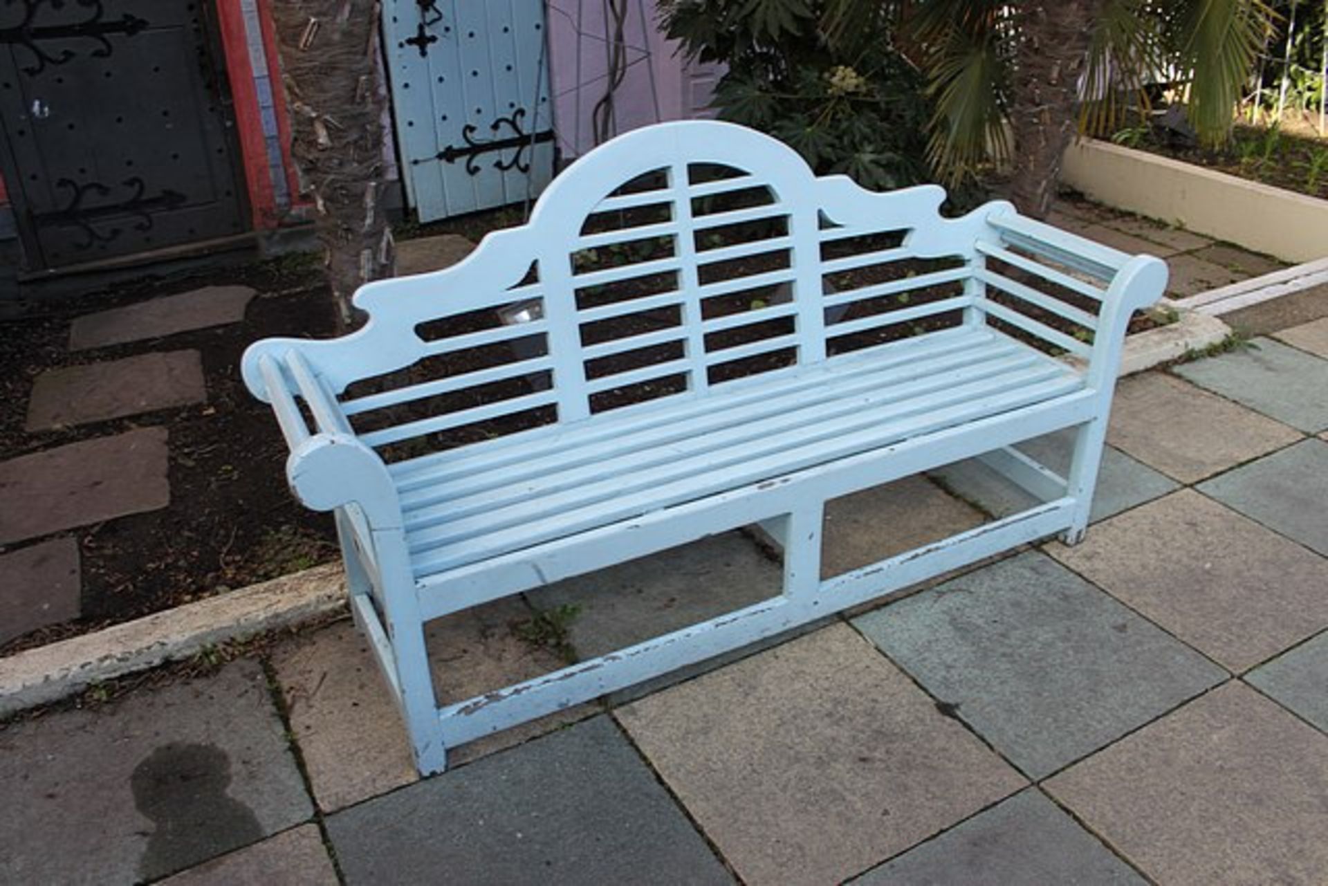 Teak painted baby blue ornate garden bench 2000mm