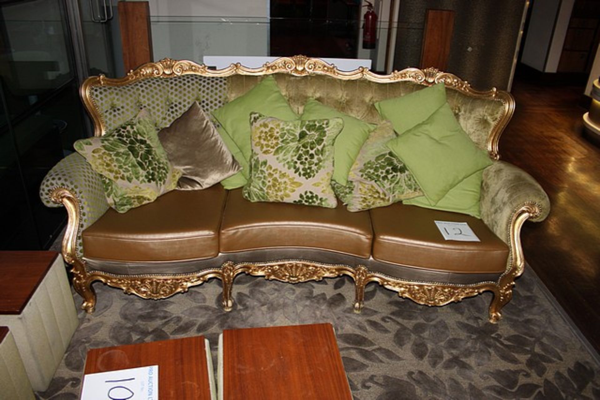 French Louis style sofa gilt wood, leather and upholstered with loose cushions 2150mm x 1000mm x - Image 2 of 4