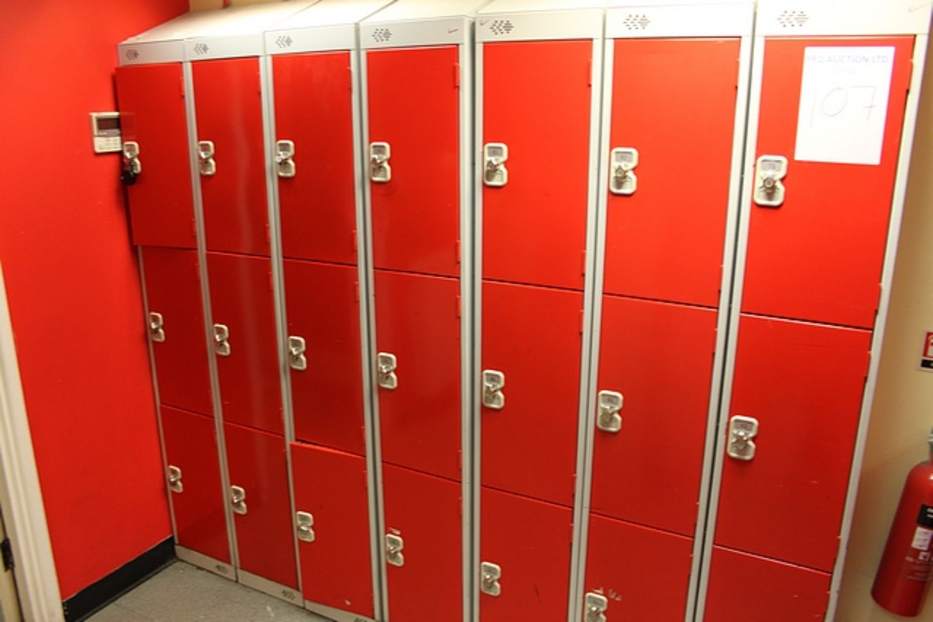 Biocote personnel locker powder coated grey and red bank of 3 stacked ( total 63 lockers) 300mm - Image 2 of 2