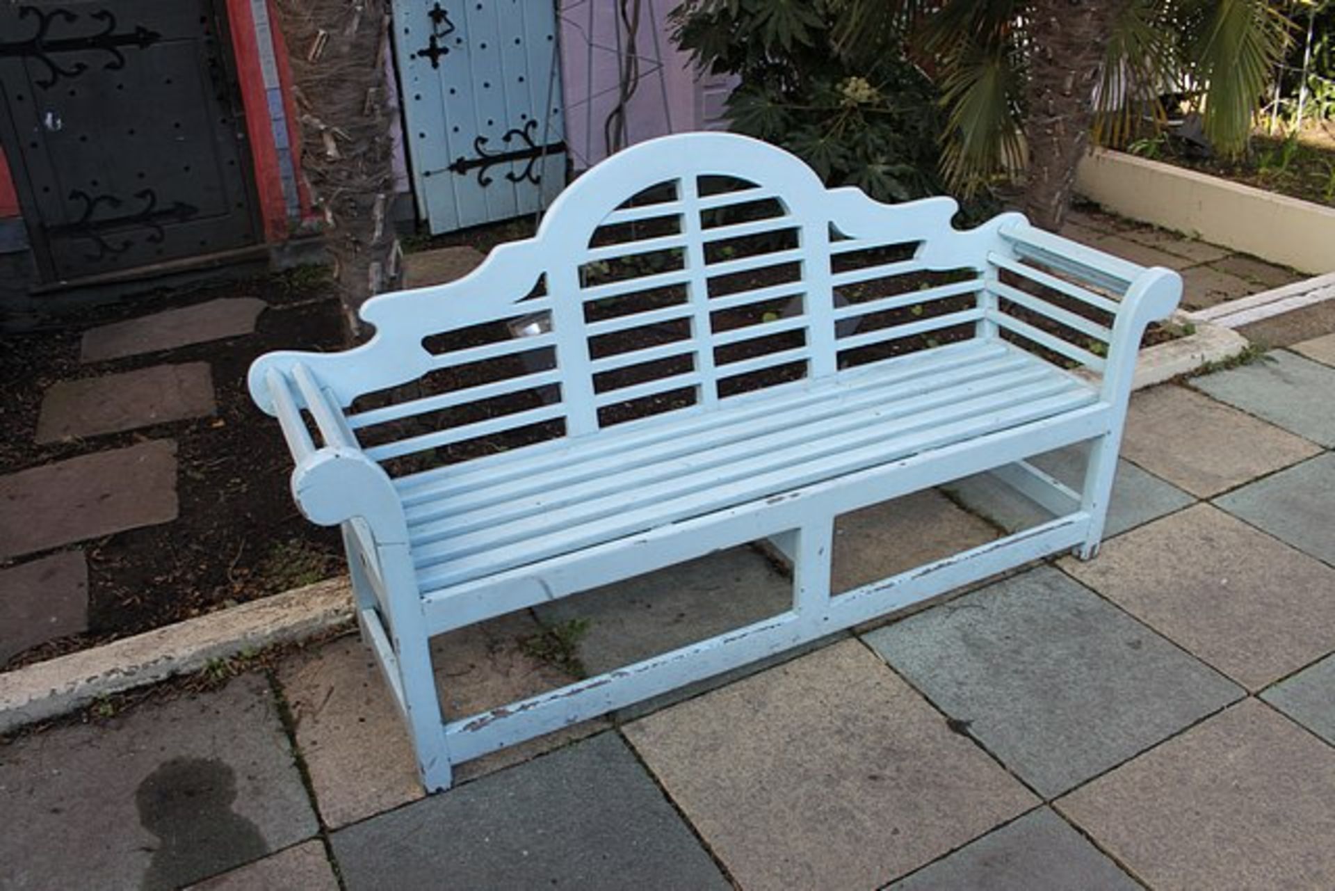 Teak painted baby blue ornate garden bench 2000mm