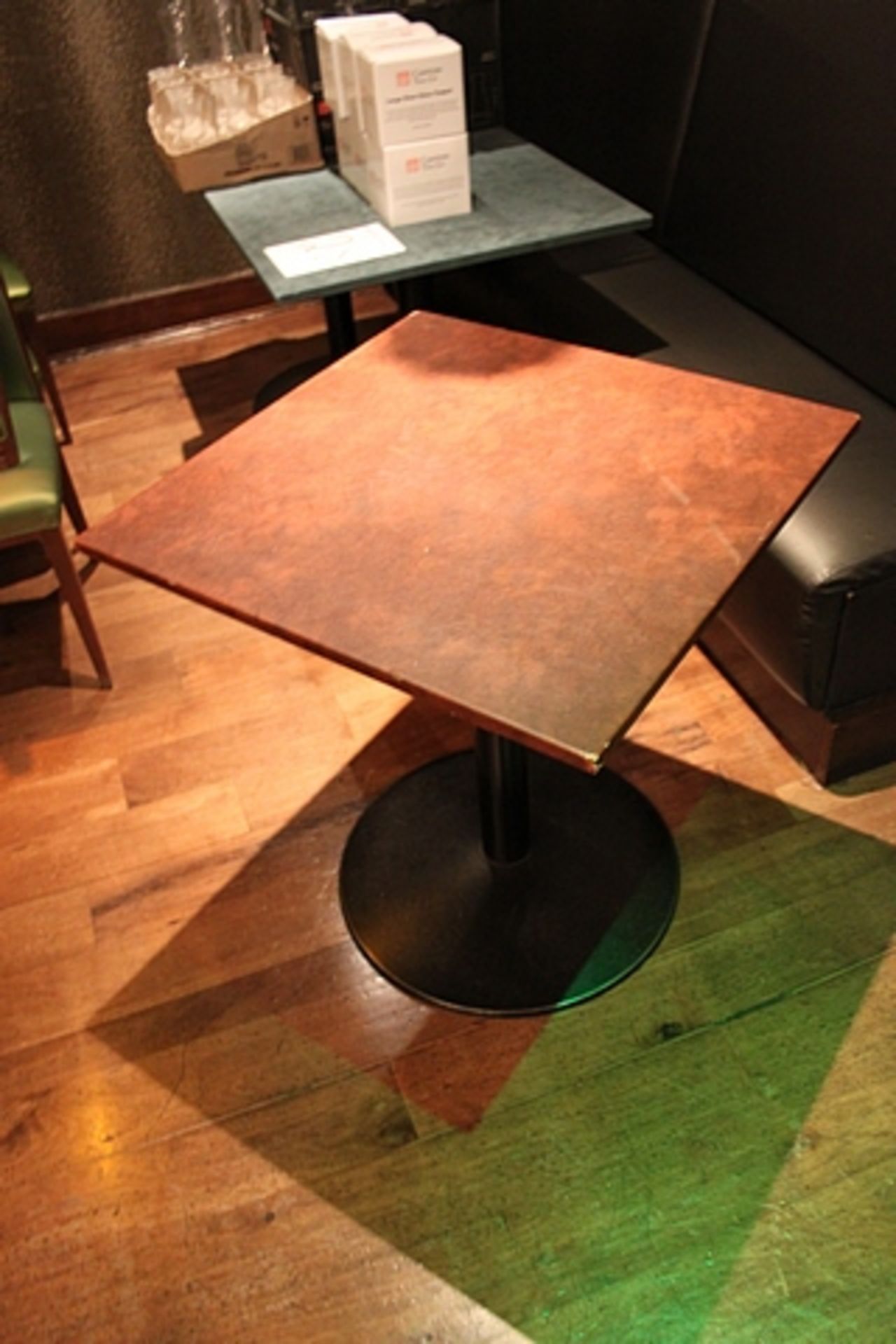 8 x Dining Table PU brown leather top with cast black round base 690mm x 690mm x 740mm