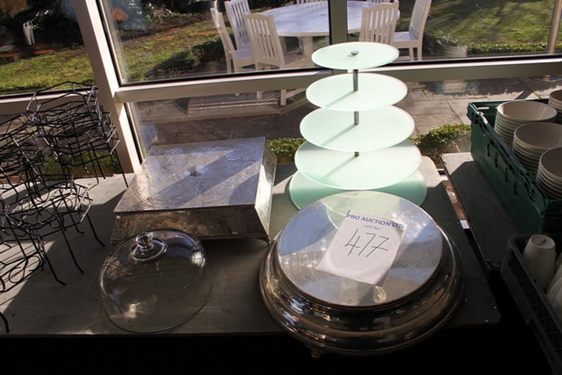 2 x wedding cake stands (40 x 40cm and 40cm diameter) a five tier cake stand and various metal
