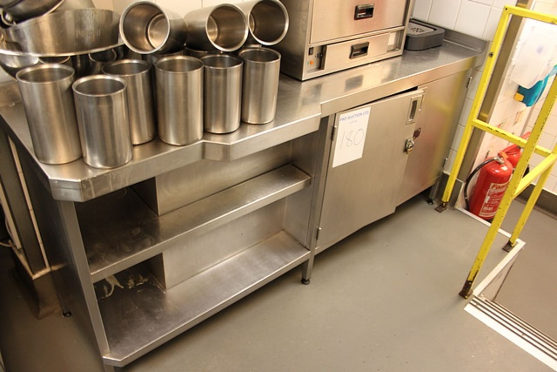 Stainless steel preparation table with two door cupboards and shelves 1950mm x 900mm