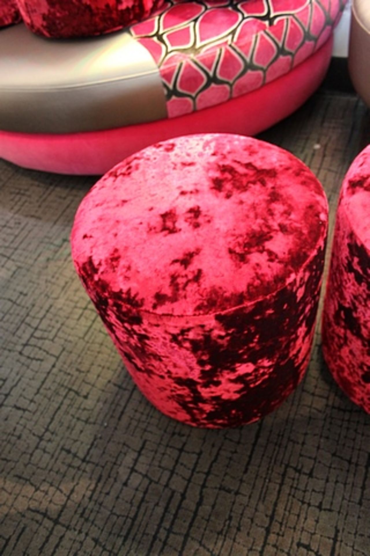 3 x Pouffe buffet crushed velvet crimson upholstered 380mm x 420mm