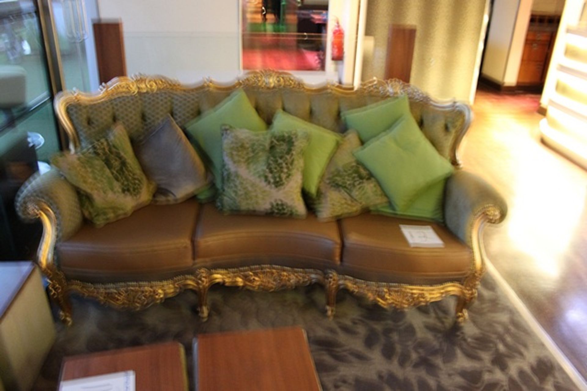 French Louis style sofa gilt wood, leather and upholstered with loose cushions 2150mm x 1000mm x