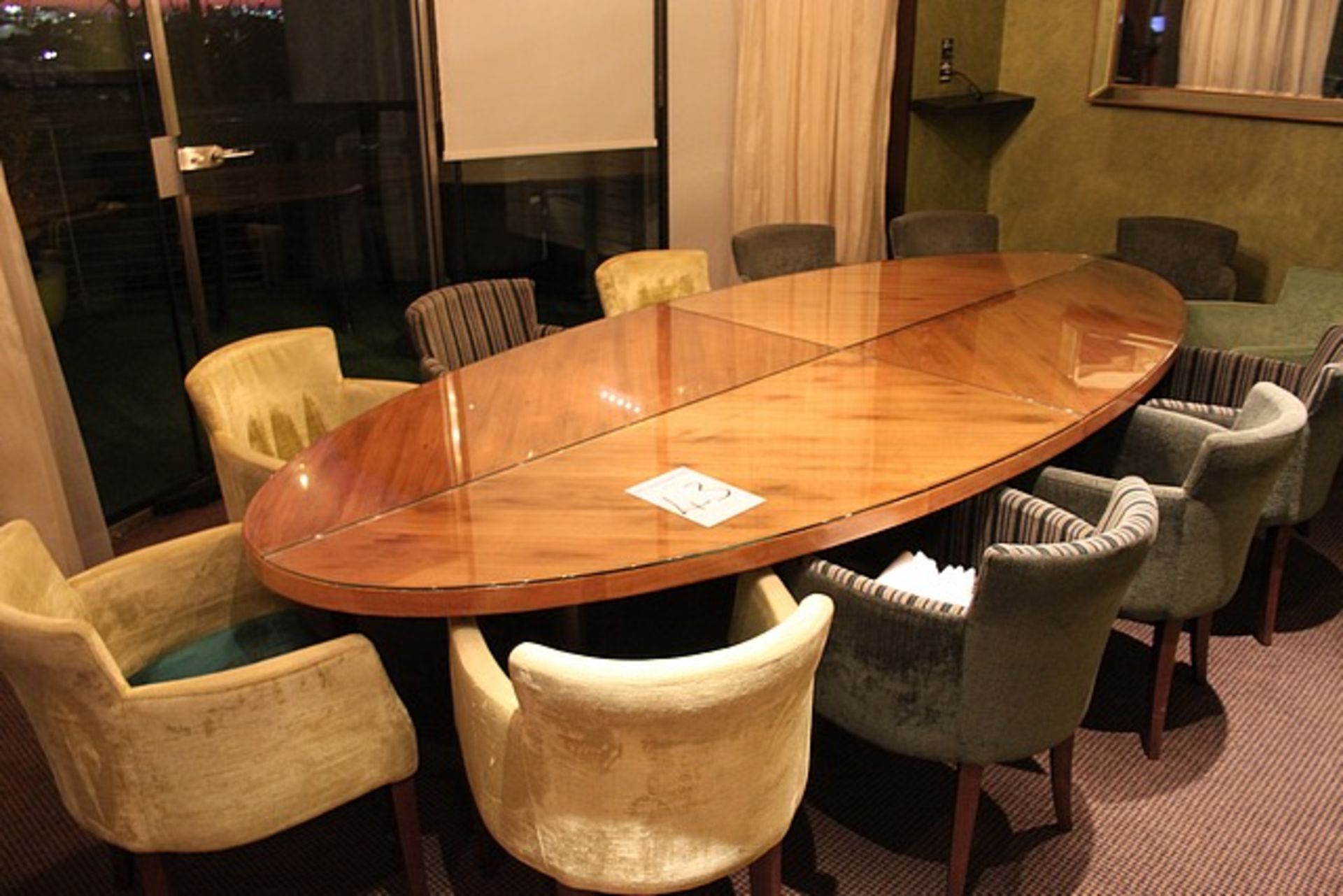 Ovoid walnut veneer boardroom table mounted on 3 metal pedestals 3200mm x 1350mm complete with 12 - Image 3 of 4