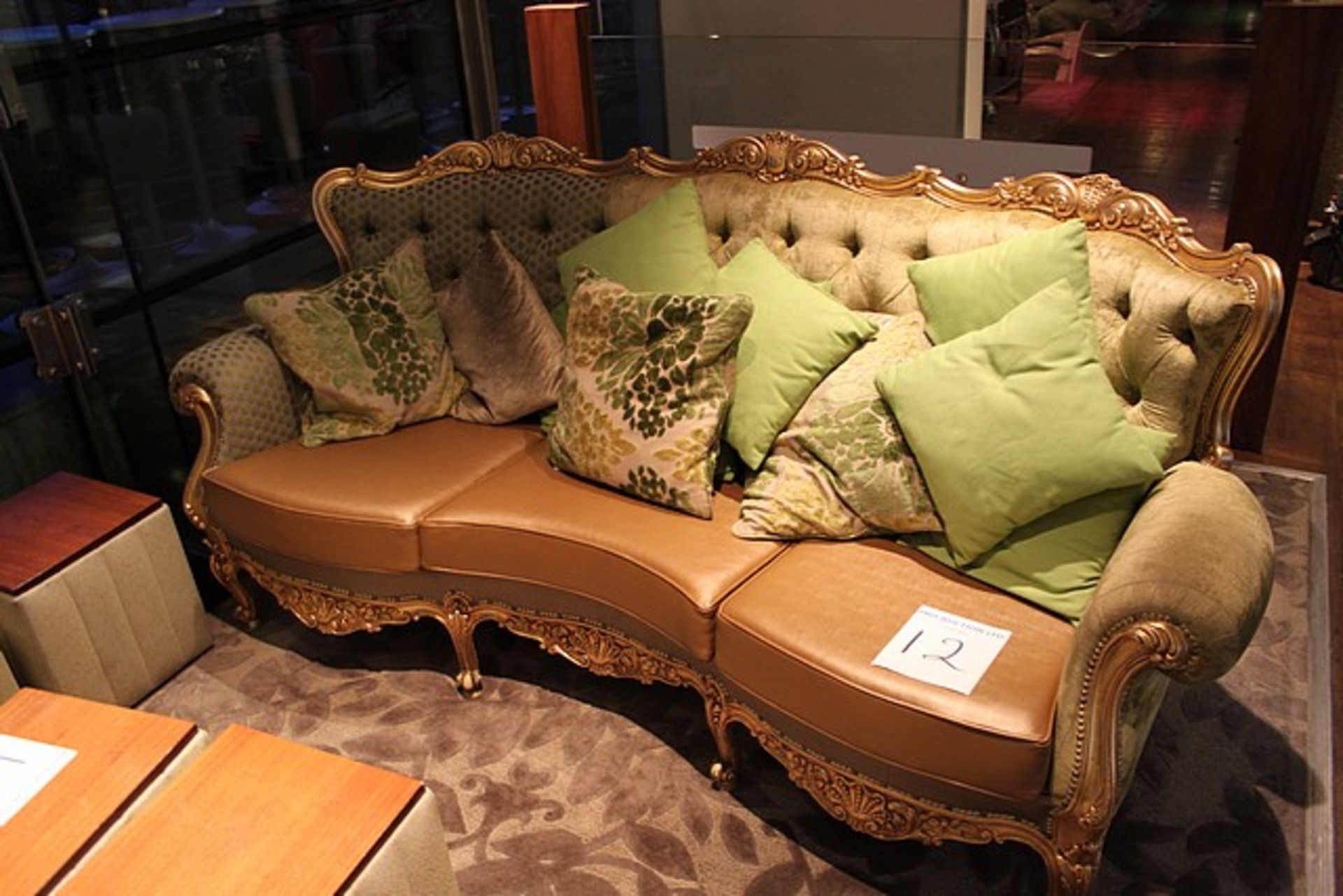 French Louis style sofa gilt wood, leather and upholstered with loose cushions 2150mm x 1000mm x - Image 4 of 4