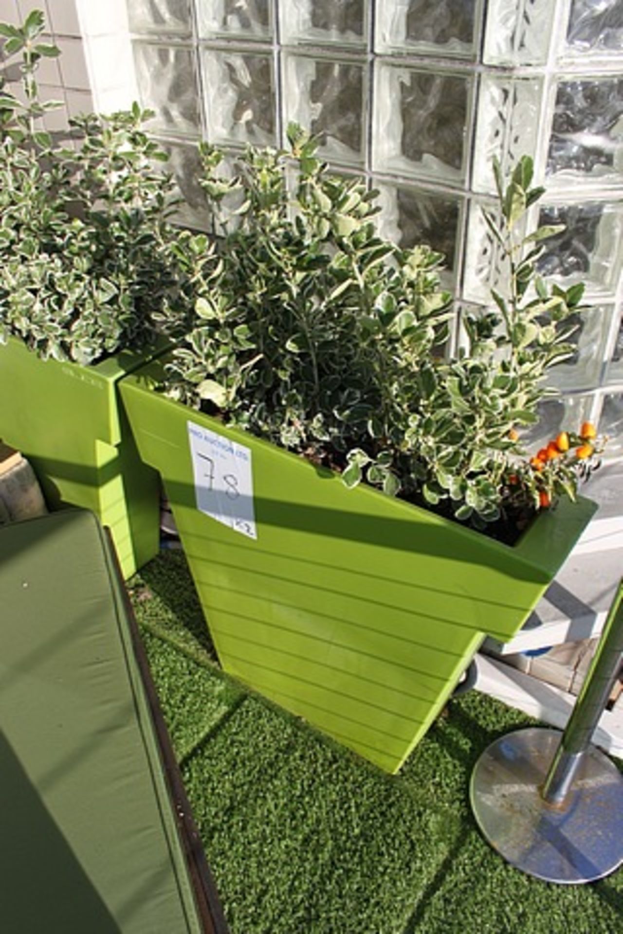 2 x Slide tub planters in green polypropylene 900mm x 200mm x 740mm complete with plant