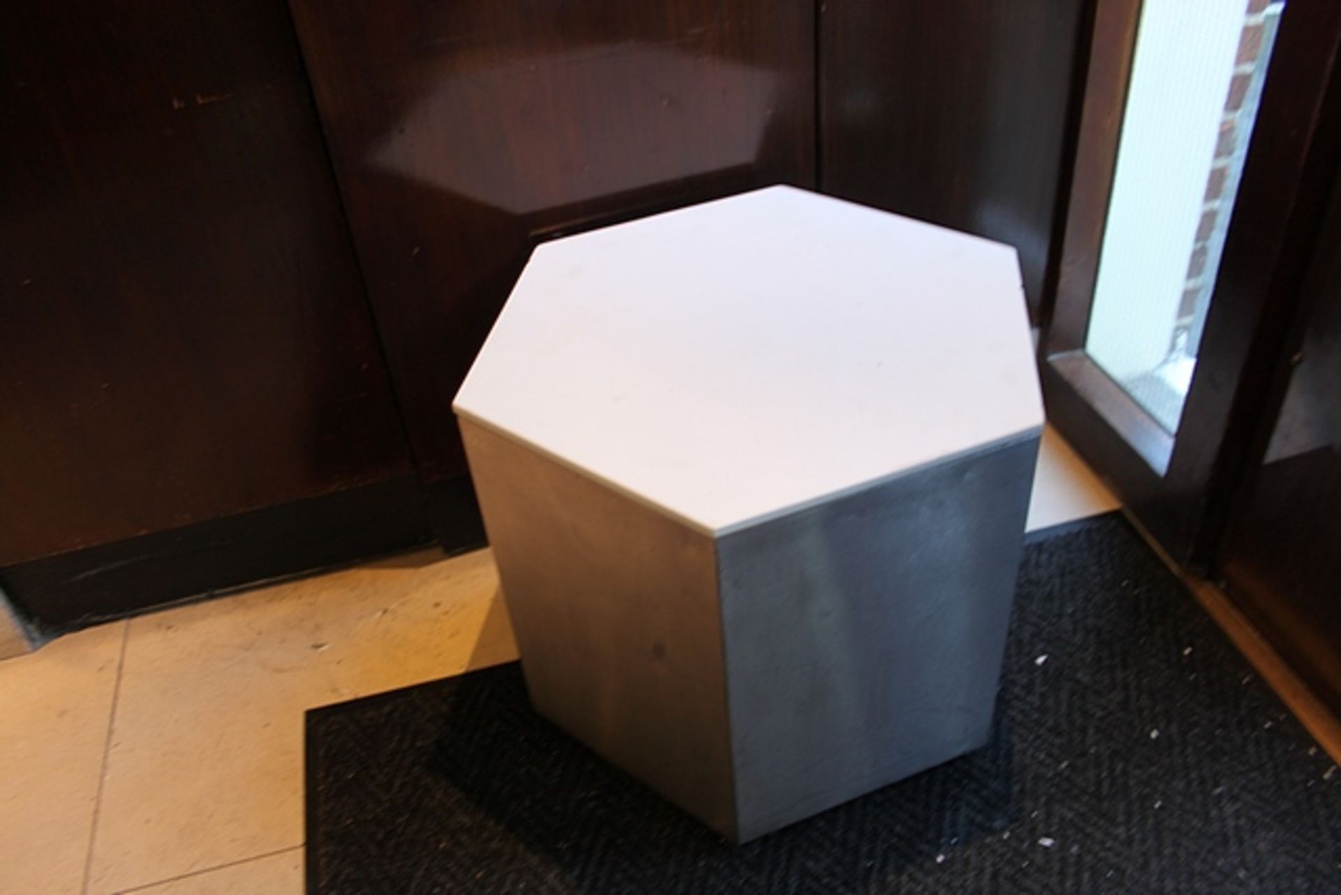 2 x Hexagonal stainless steel and marble top side table 560mm x 480mm tall