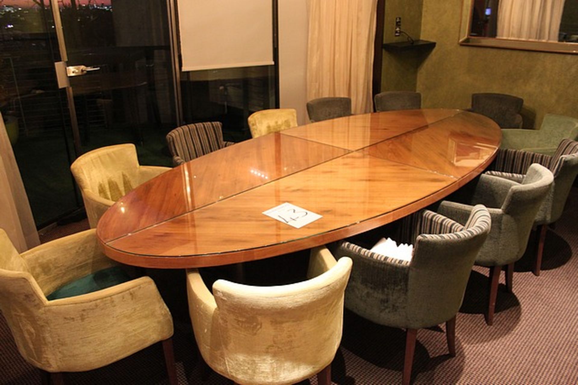 Ovoid walnut veneer boardroom table mounted on 3 metal pedestals 3200mm x 1350mm complete with 12 - Image 2 of 4