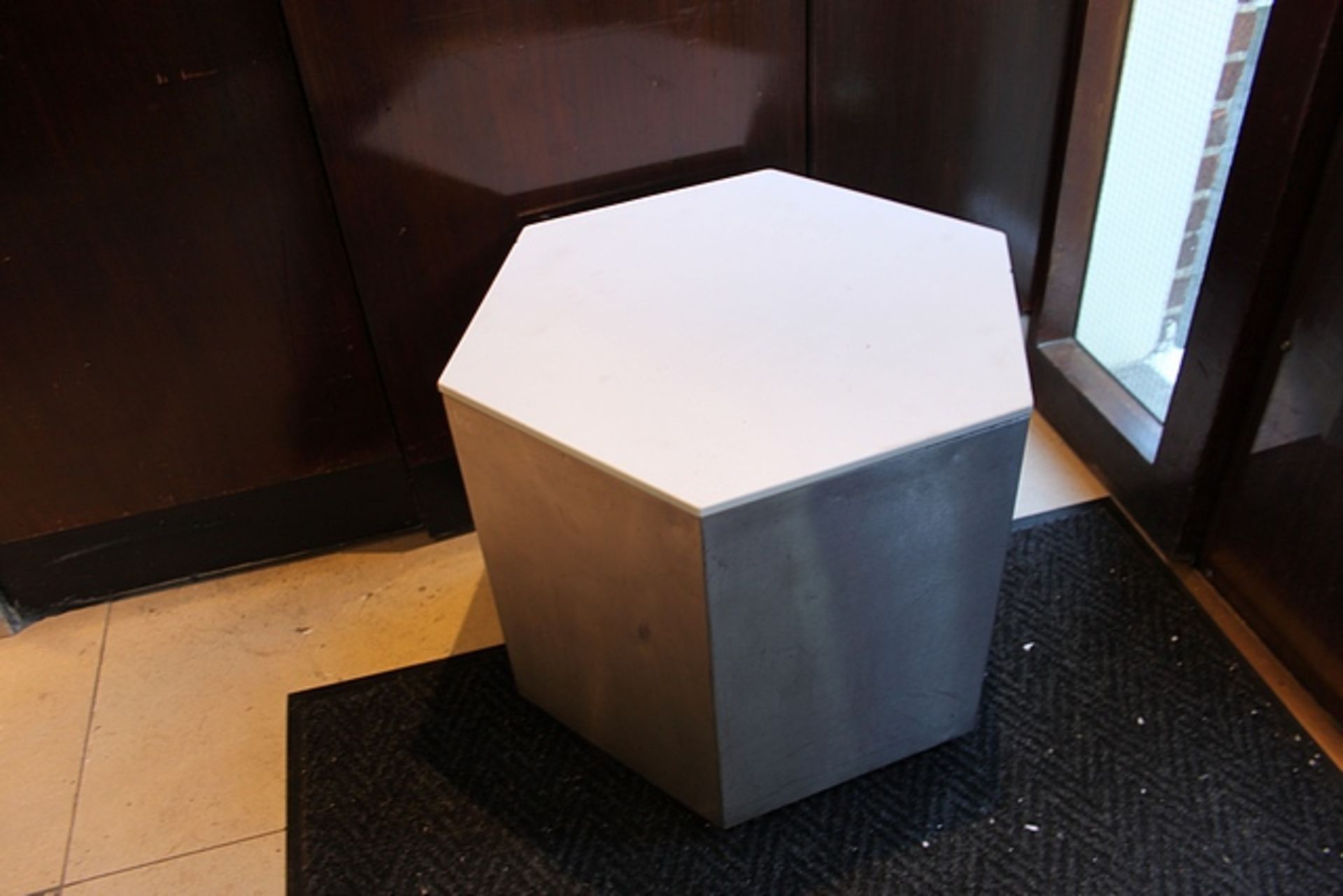 2 x Hexagonal stainless steel and marble top side table 560mm x 480mm tall