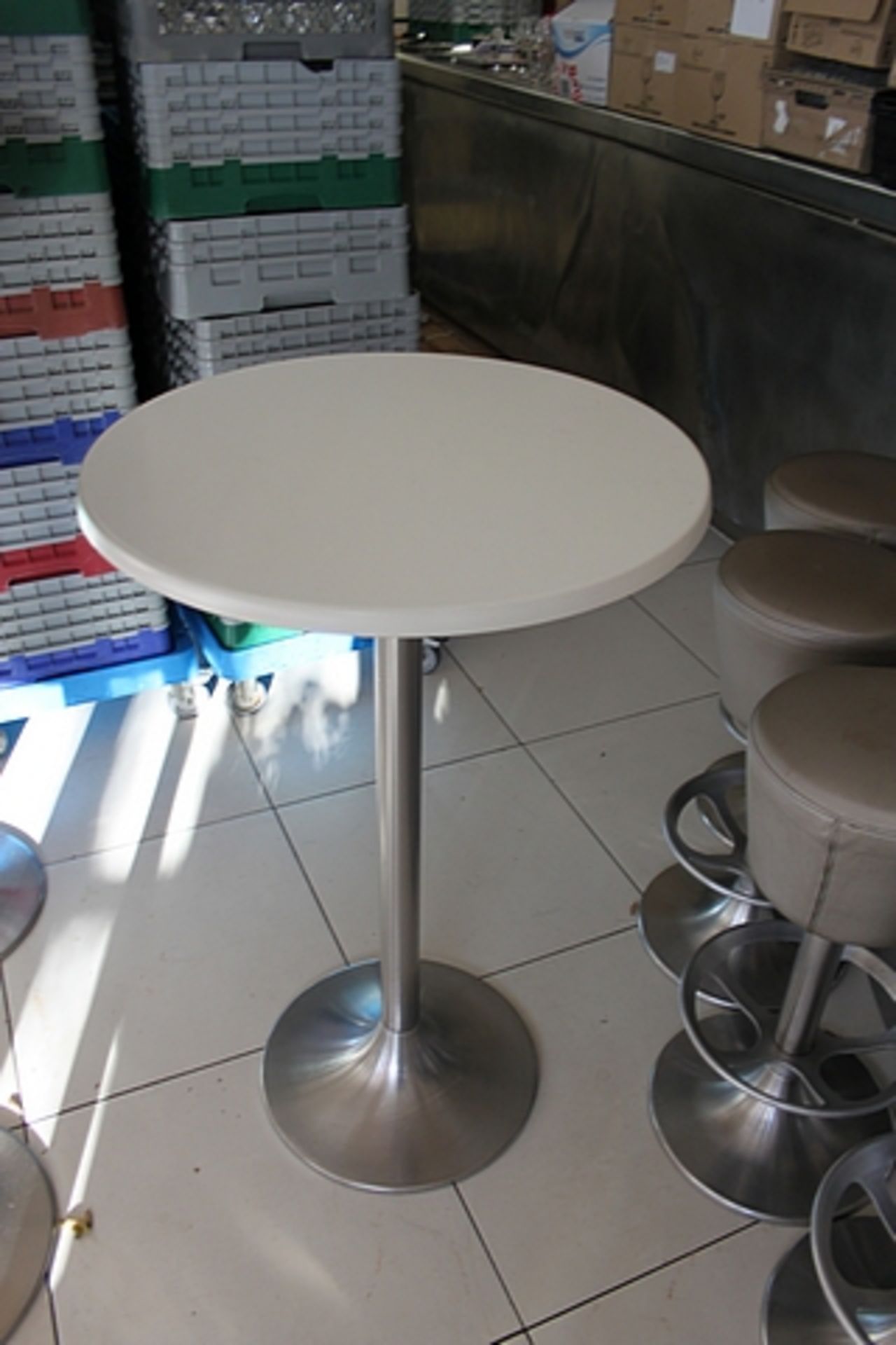 3 x pedrali poseur table natural metal construction laminated top 690mm diameter x 1100mm