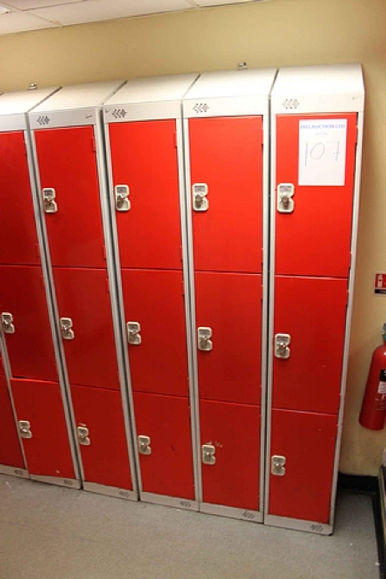 Biocote personnel locker powder coated grey and red bank of 3 stacked ( total 63 lockers) 300mm